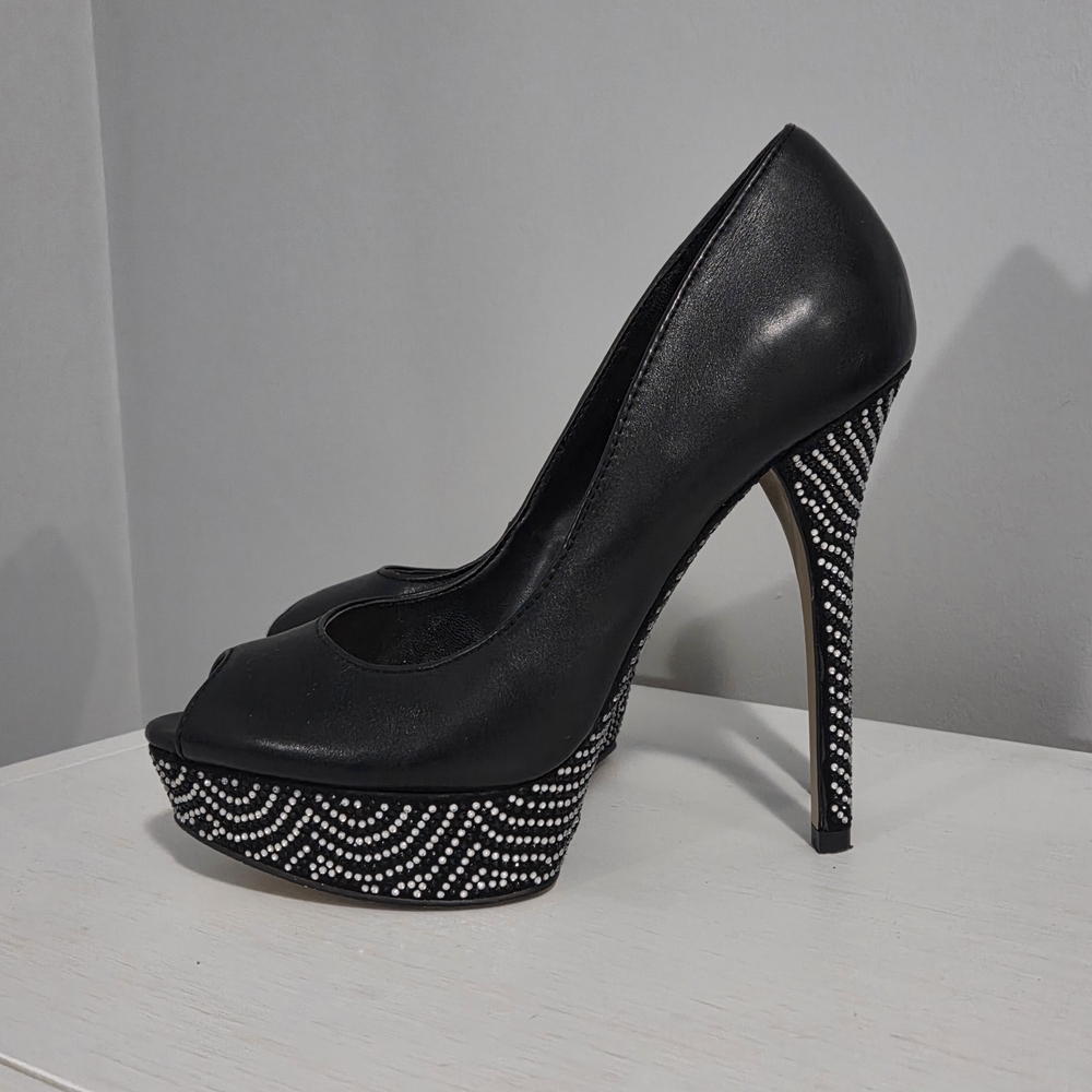 Black Platform Peep-Toe Heels with Rhinestone Detailing